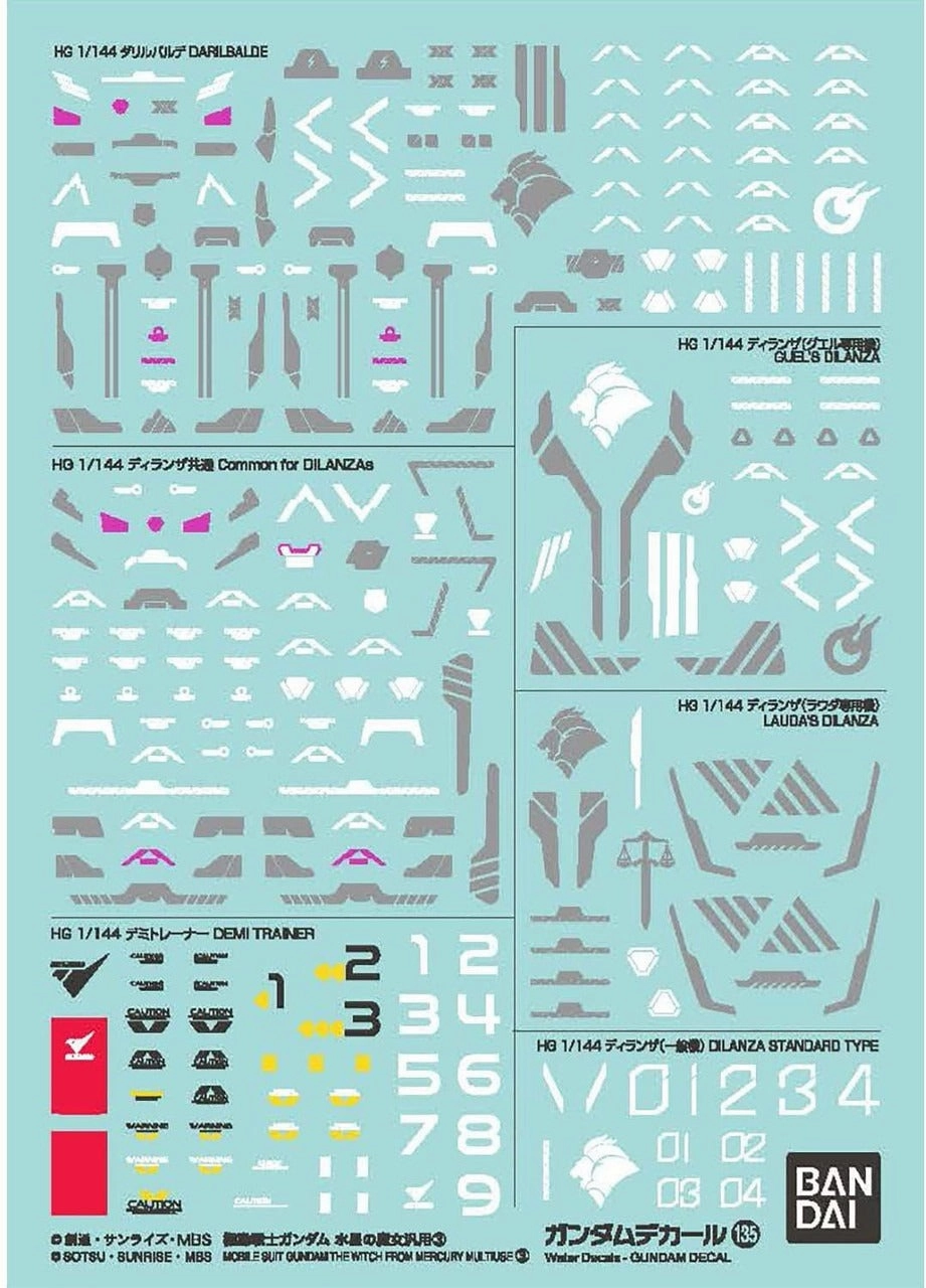 Bandai Gundam Decal #135 For Mobile Suit Gundam The Witch from Mercury Multiuse #3 Water Slide/Transfer Decals Robot Toy